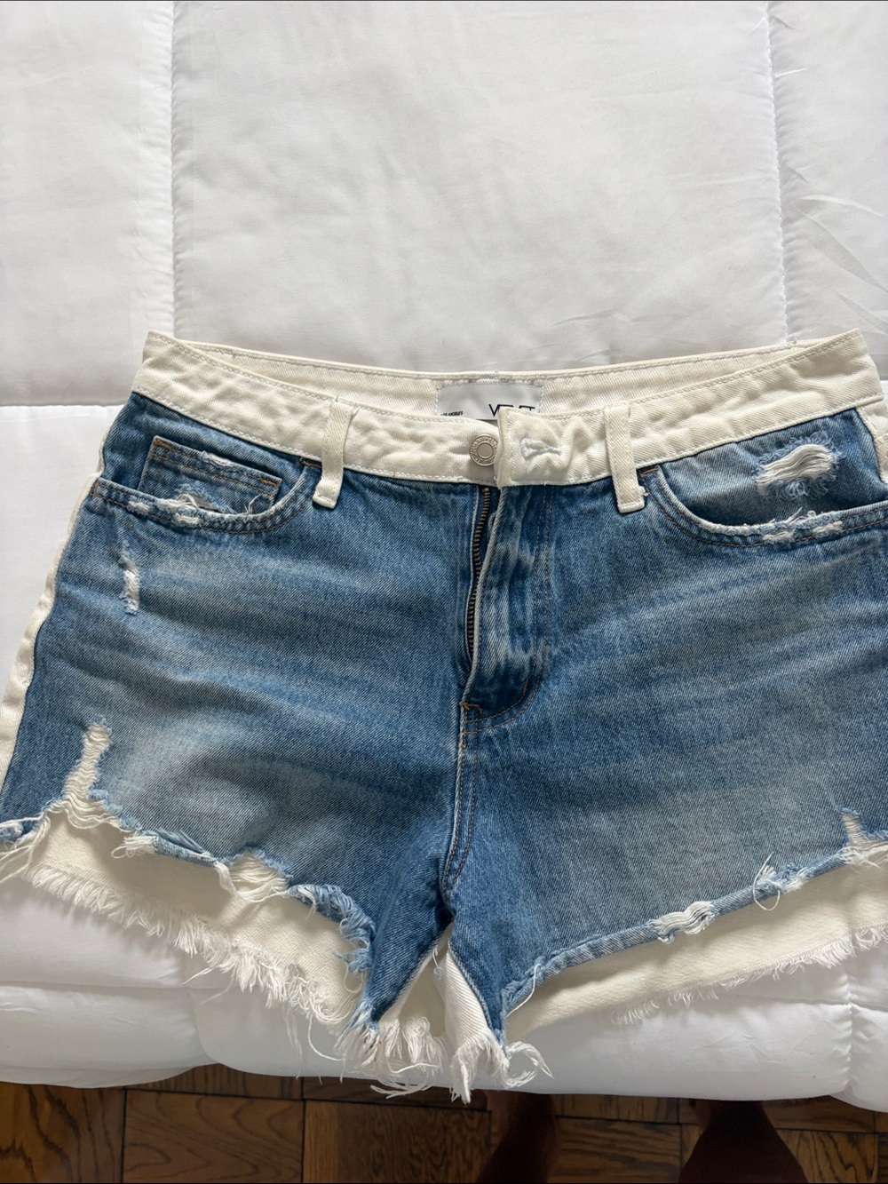 Casual Blue Distressed Jean Shorts with Cream Waistband